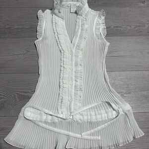 Vintage Y2K Charlotte Russe White Chiffon Ruffled Pleated Button Blouse, Size M